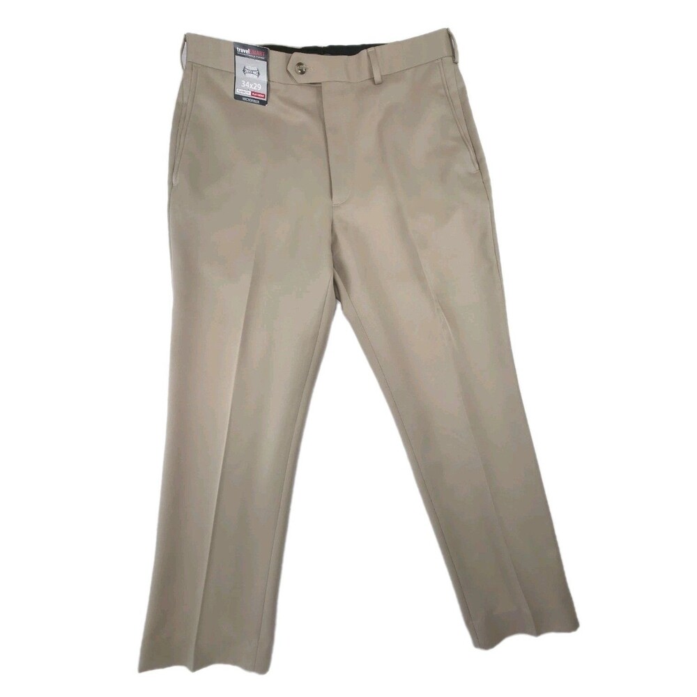Roundtree Yorke Travel Smart Pants Khaki Flat Front Waist 34X29 New‎